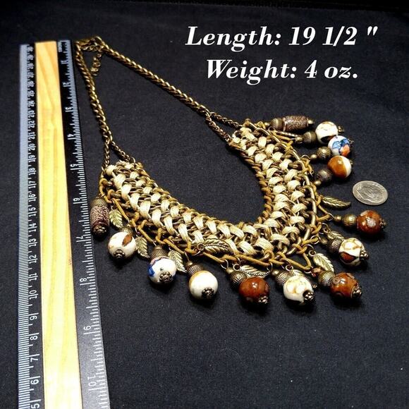 Bohemian Statement Necklace Woven Gold Tone with Earth Tone Ceramic Beads - Picture 6 of 8